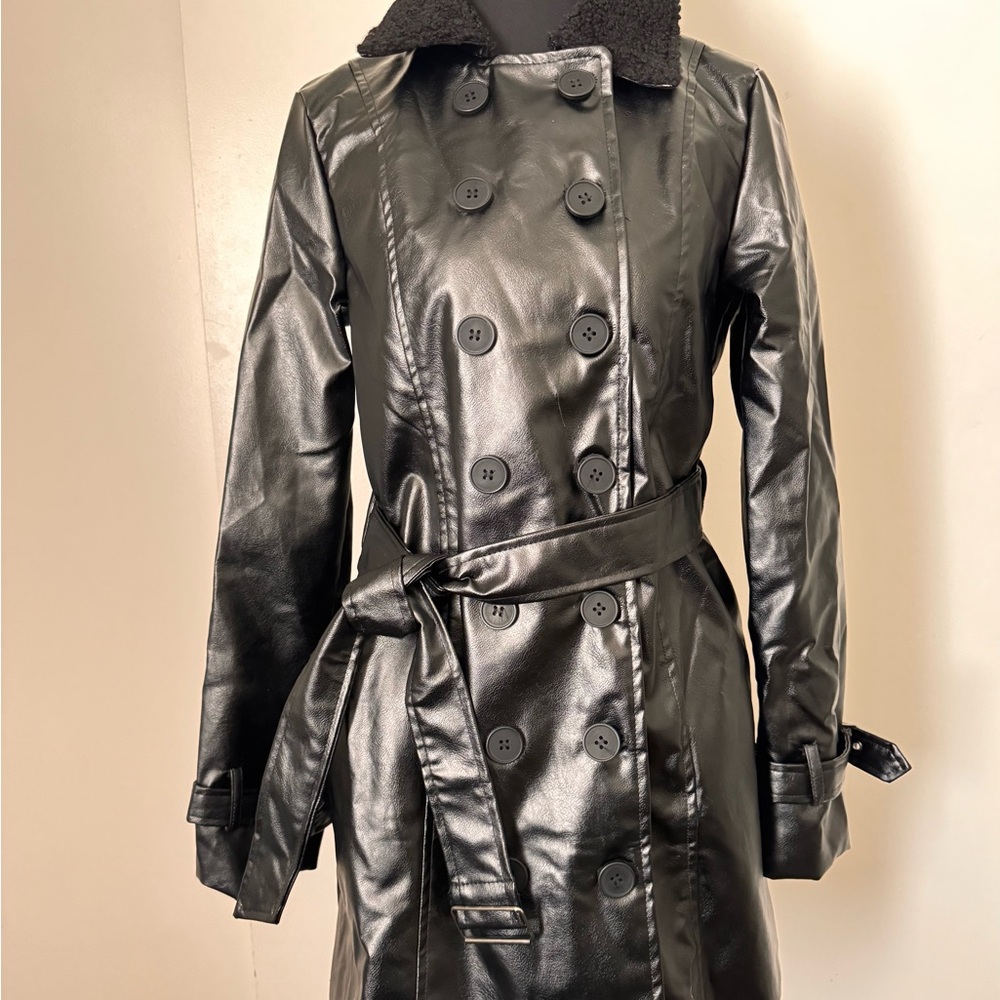 *NWOT* Women's Black Mid-Length Double-Breasted Vegan Leather Trench Coat